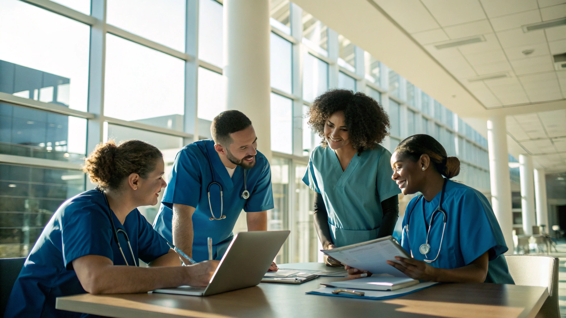 Nursing team providing patient care in modern clinical setting